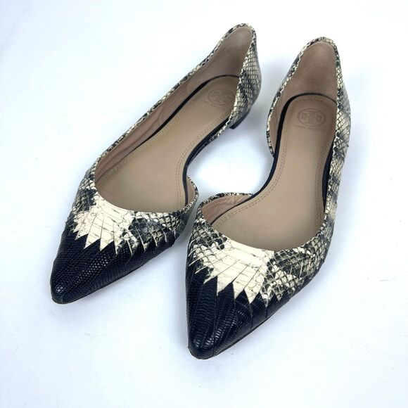 Tory Burch D'Orsay Leather Snakeskin Pointed Toe Open Side Flats Size 9M - Picture 2 of 11